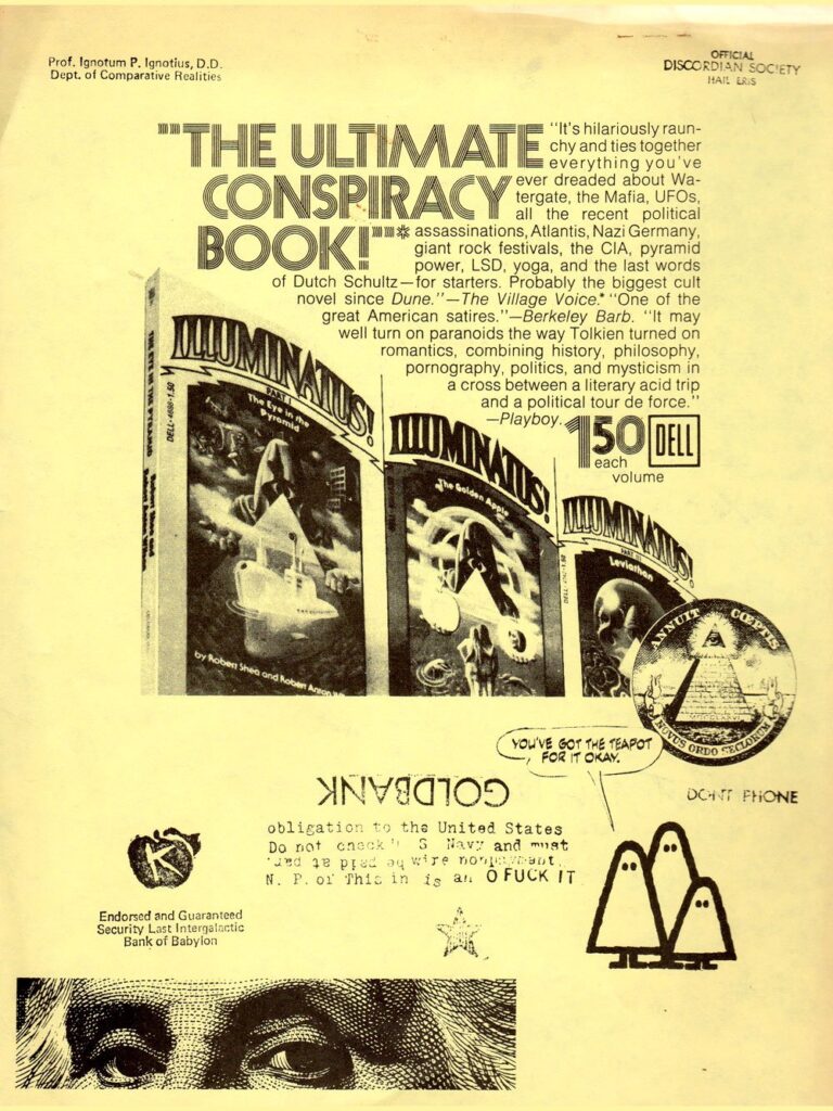 Maqueta del afiche de "Illuminatus!" por Greg Hill, fundador del Discordianismo.